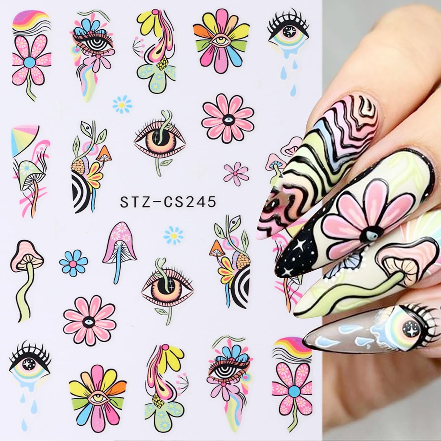 8 Sheets Nail Art Stickers Graffiti Flower Evil Eye 3D Self-Adhesive Nail Decals Rainbow Mushroom Star Moon Designs Nail Decorations Summer Nail Stickers Colorful Nail Supplies for Women DIY Manicure