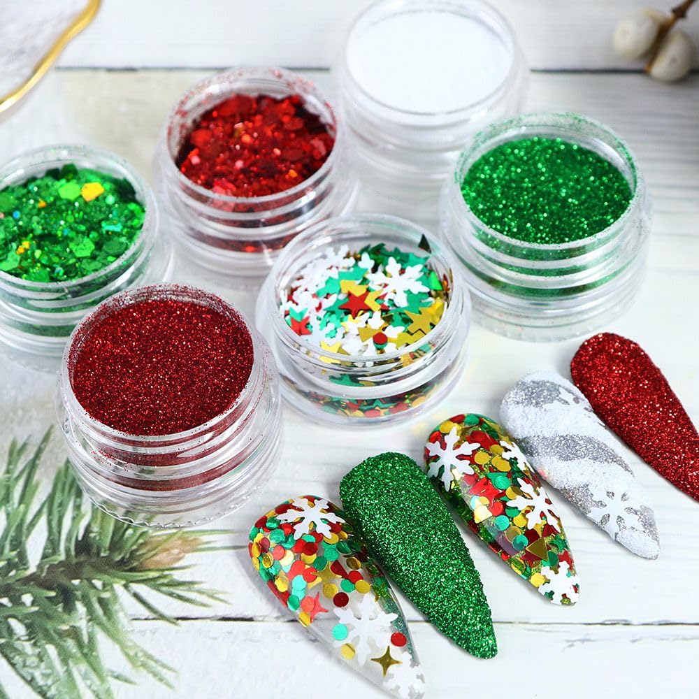 Christmas Nail Art Glitters Sequins, 12Boxes Winter Nail Art Decoration Flakes 3D Snowflake Nail Decals Red Green Nails Art Designs Holographic Christmas White Snowflake Glitters for Nails Decorations