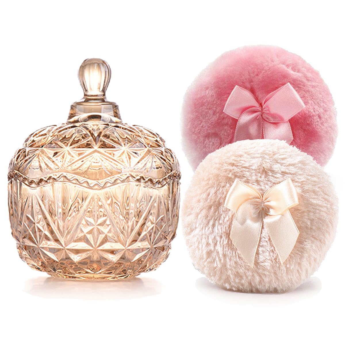 Luxury 4 Inch Glass Loose Powder Container with 2 Soft 3.5" Puffs｜Non-Sealed Refillable Organizer Storage for Body Powder Makeup & Jewelry & Setting Applicator(Crown-Amber)
