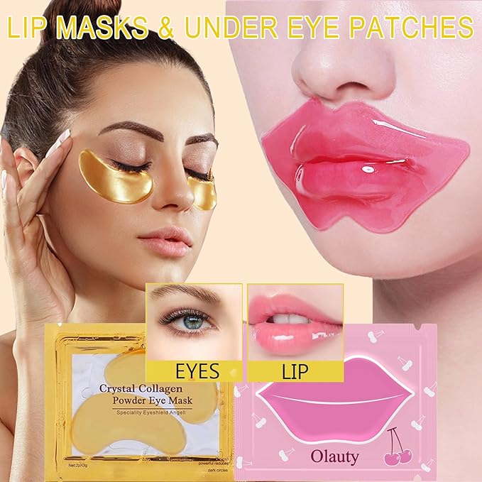 30 Pairs Cherry Lip Masks & 24K Gold Under Eye Patches, Gel Crystal Collagen Lip & Eye Patches for Puffy Eyes, Effectively Moisturizing Nourishes Lip & Eye Skin for Reducing Fine Lines & Dark Circle