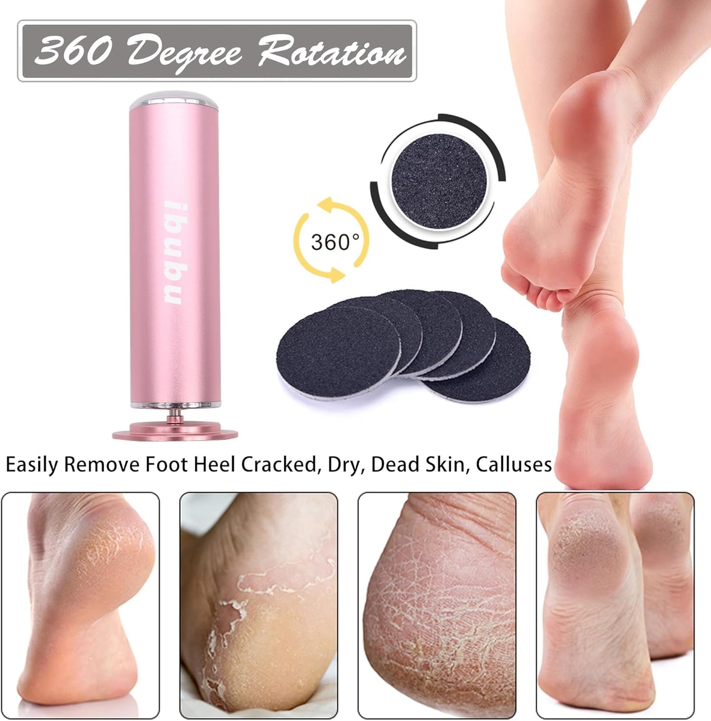 Electric Foot Callus Remover Pink Professional Powerful Foot File Pedicure Grinder Sanders with 60PCS Replacement Sandpaper Discs Heel Scraper for Dead Dry Crack Skin Calluses Speed Adjustable