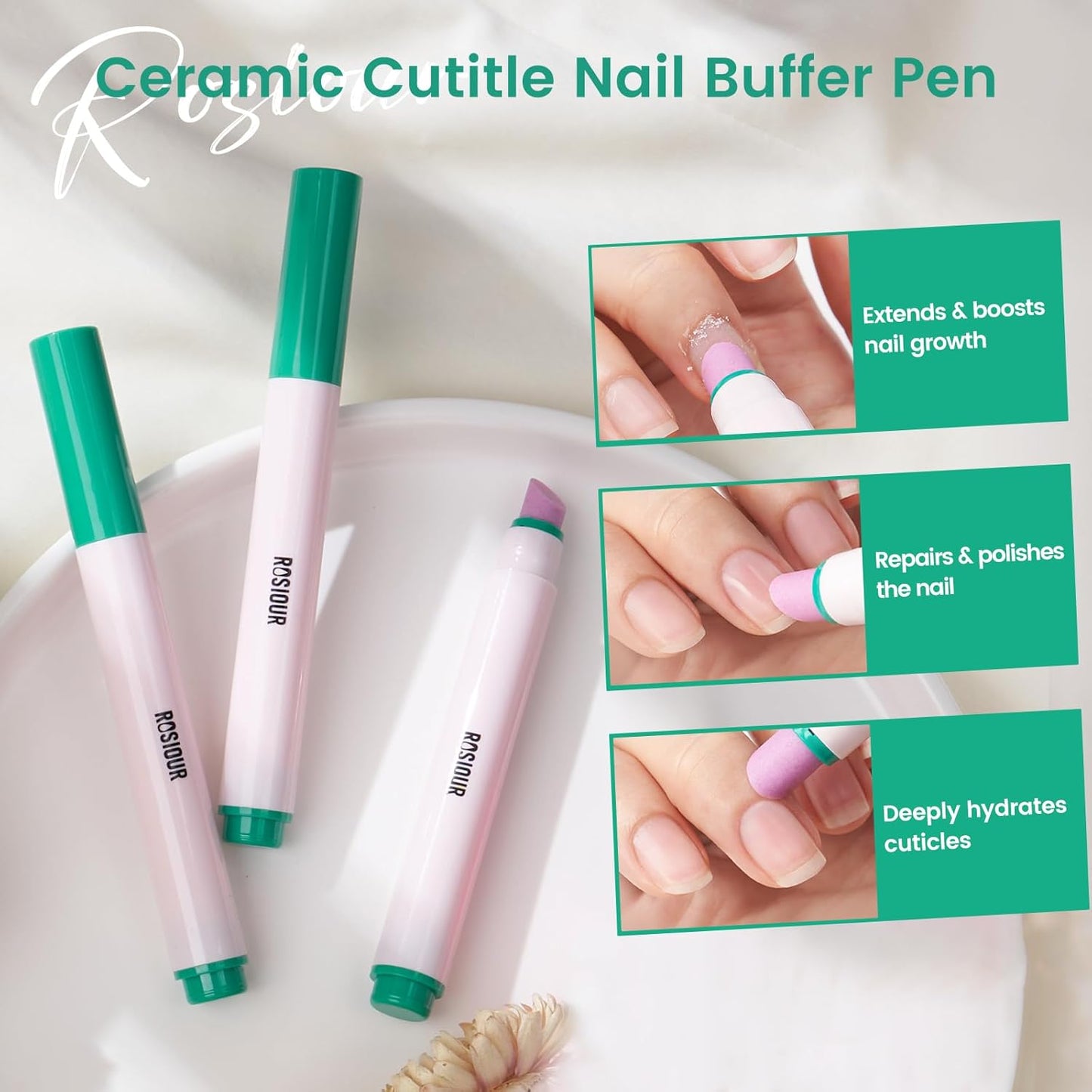 Ceramic Cuticle Oil Pusher Pen: 3-in-1 Nail Cuticle Buffer Pens with Cuticle Nipper for Hangnails, Dry & Damaged Nails, Moisturize Strengthen Brighten Nails Care