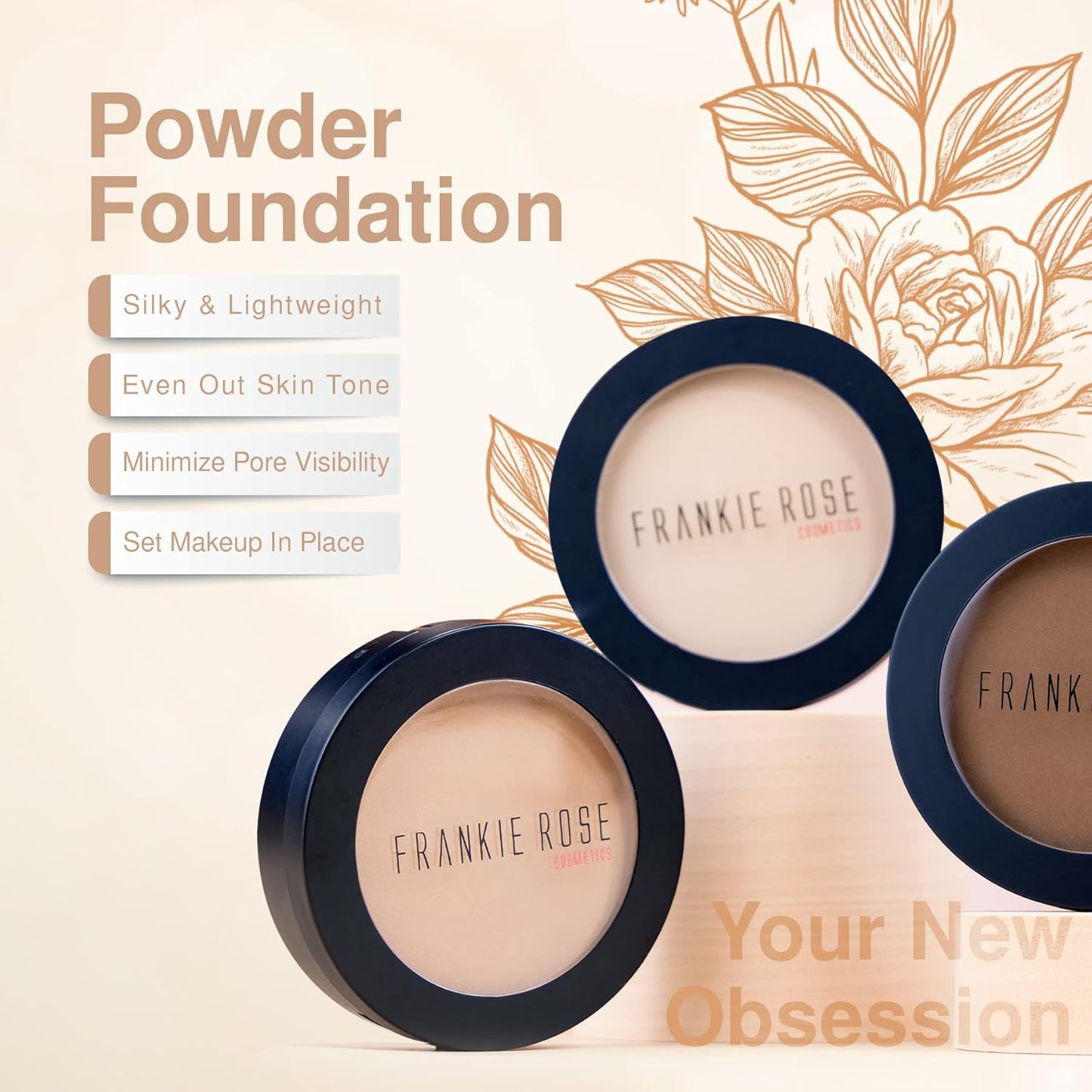 Frankie Rose Cosmetics Powder Foundation – Full Coverage Face Powder For Pores & Imperfections, Evens Out Skin Tone & Shine-Control | 58 Grams (Olive)