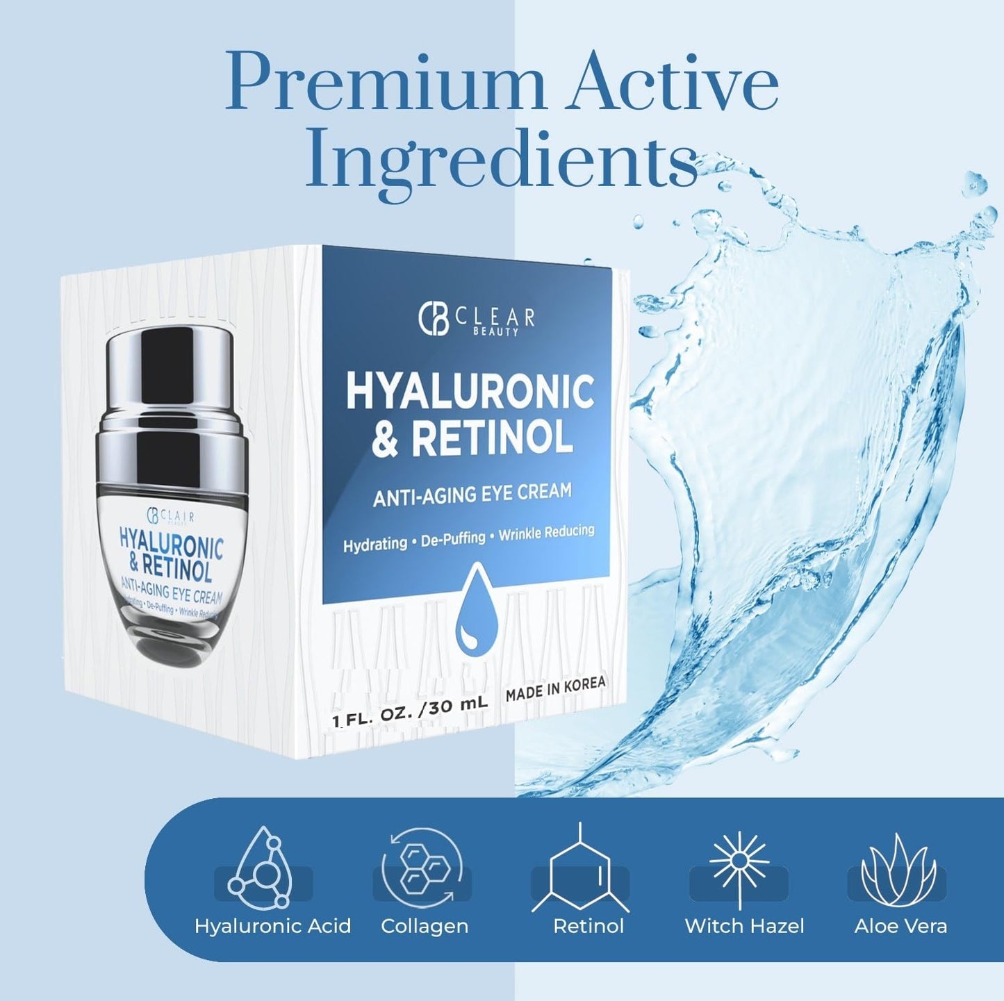 Hyaluronic Acid & Retinol Eye Cream - For Dark Circles and Puffiness, Moisturizing & Anti-Aging Under Eye Cream - Cruelty Free Korean Skin Care For All Skin Types - 1.01 OZ