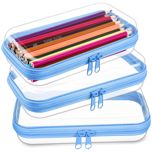 Hoolerry 3 Pcs Clear Hard Zipper Case Plastic Pouch Transparent Hard Case Clear Makeup Bag Portable Travel Organizer Bin for Cosmetics, Building Blocks, Puzzles(Blue,S)