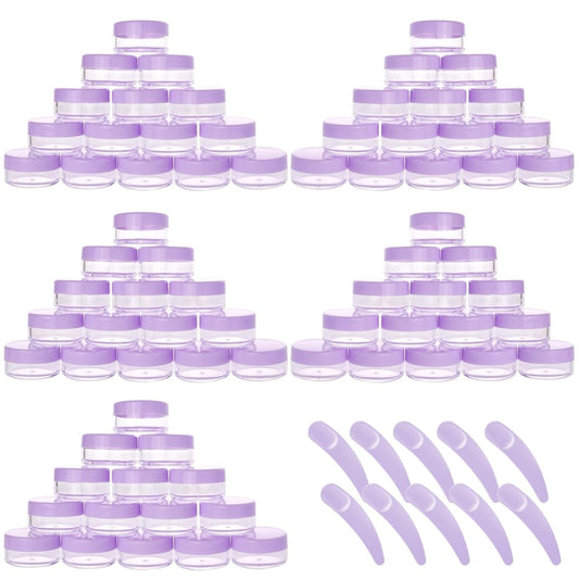 Refillable Cosmetic Sample Jars - 100 Pack 10g (0.35oz) Purple Small Travel Containers with Lids + 10 Mini Makeup Spatulas - BPA Free