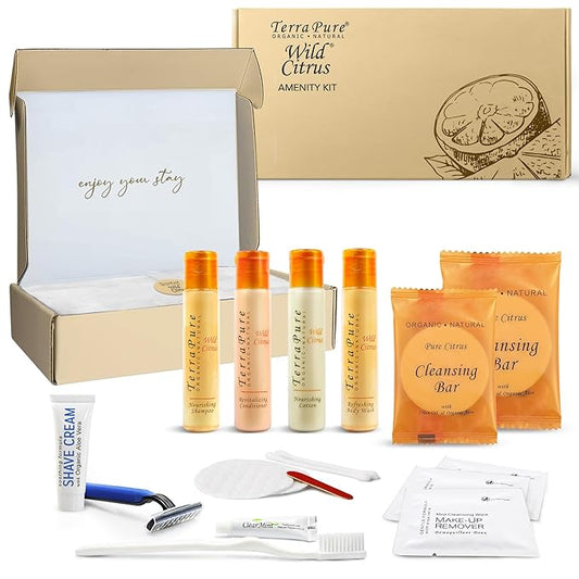 Terra Pure Amenity & Accessory Kit |1 oz Travel Size Shampoo, Conditioner, Lotion, Body Wash, 2 Cleansing Bars, Shave & Dental Sets, Make-Up Remover Wipes, & Vanity Kit | 1 set per case