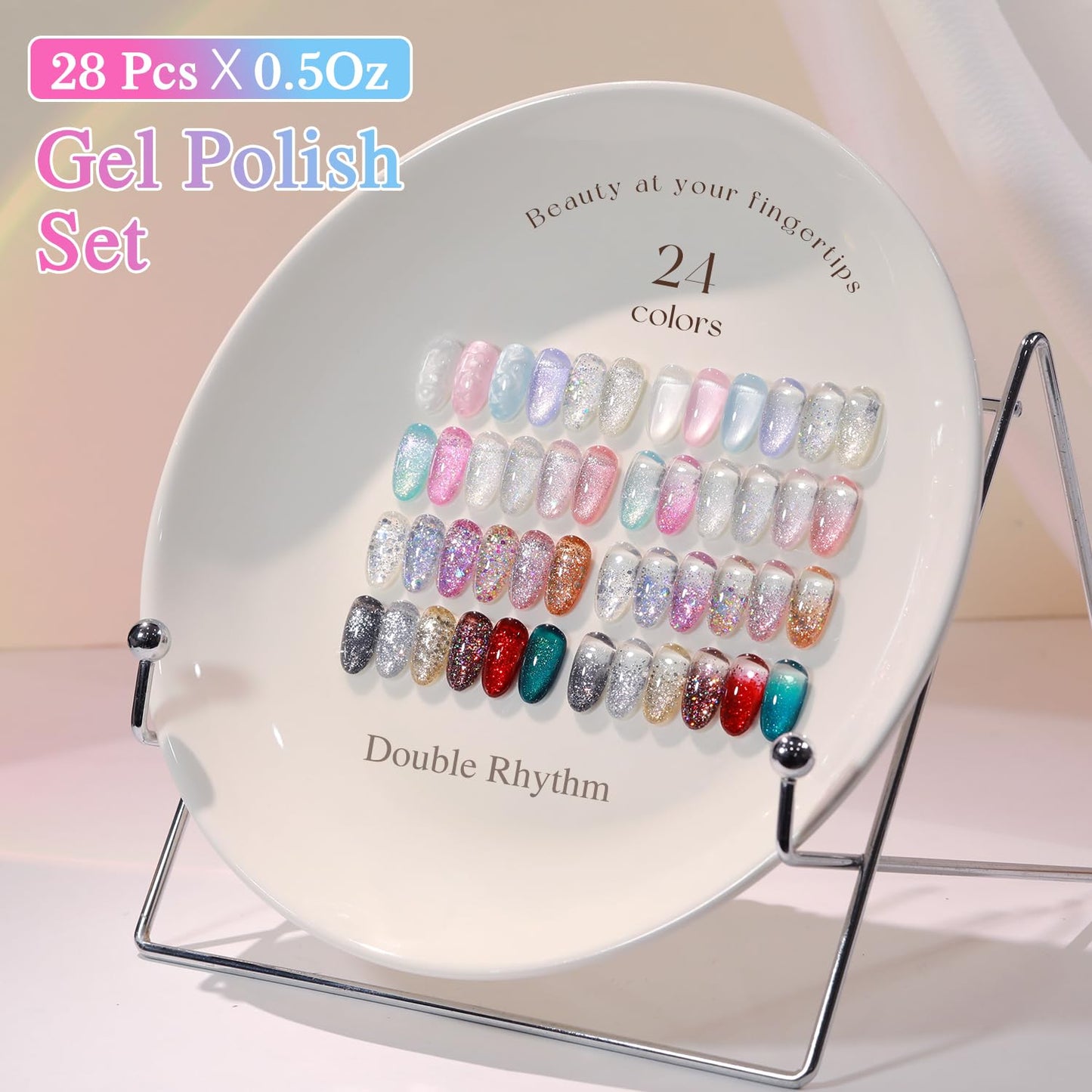 Double Rhythm 28Pcs 0.5Oz Glitter Gel Nail Polish Set Same Color Same Bottle Soak Off Kit Nail Art Manicure Salon DIY at Home (Sparkle Pearl Shimmer Collection-T24-9)