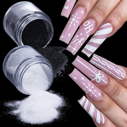 Black White Nail Glitter Powder, 6 Jars Extra Fine Sugar Glitter for Nails, French Tips Dipping Powder, Sugar Sand Coating Effect Sweater Knit Nail Design, Winter Nail Decoration Supplies