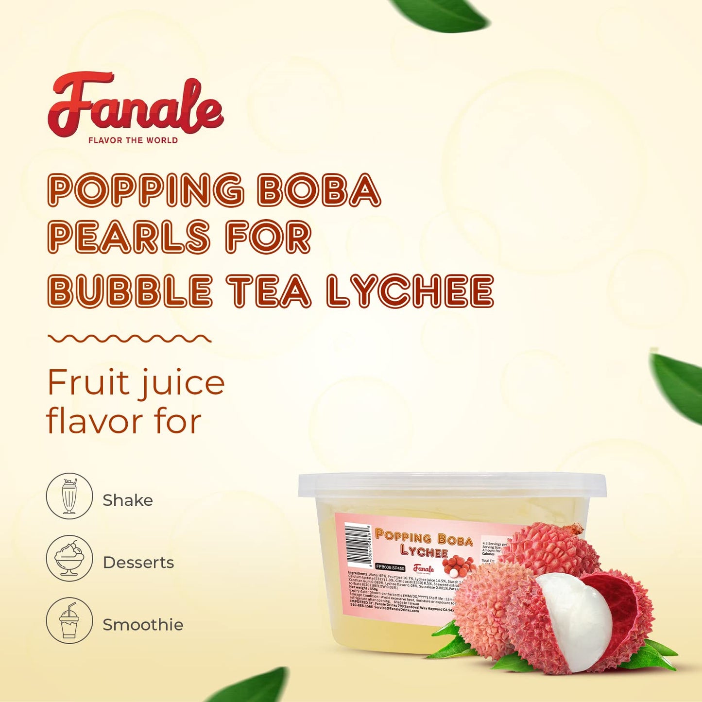 Fanale Popping Boba Pearls for Bubble Tea - 2 lb (1 lb X 2) | Lychee | Bursting Boba Pearls Bubble 450g X 2 | Fruit Juice Flavor for Shakes, Dessert, Smoothie | FPB006-SP450 X 2