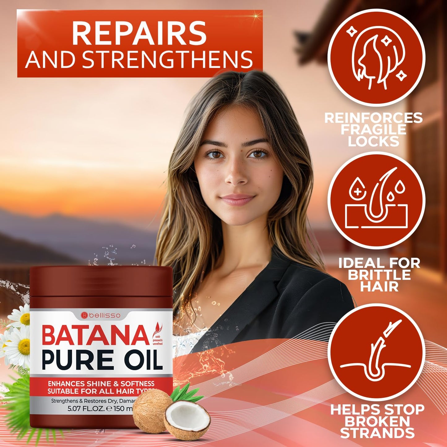 Batana Oil - Pure, Unrefined and Cold Pressed - Volumizing Hair Treatment for Women and Men - Hydrating Nourishment for Dry, Broken and Brittle Split Ends - Deep Hydration and Moisture Hair Mask