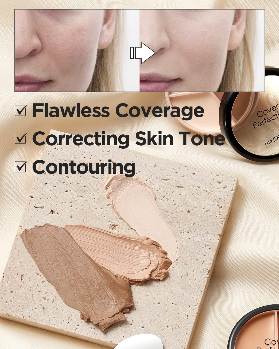 THESAEM Cover Perfection Triple Pot Concealer 01 Correct Beige + 02 Contour Beige - 3 Color Concealer for Medium & Natural Tone - Full Coverage Concealer to Correct & Conceal Redness, Dark Circles