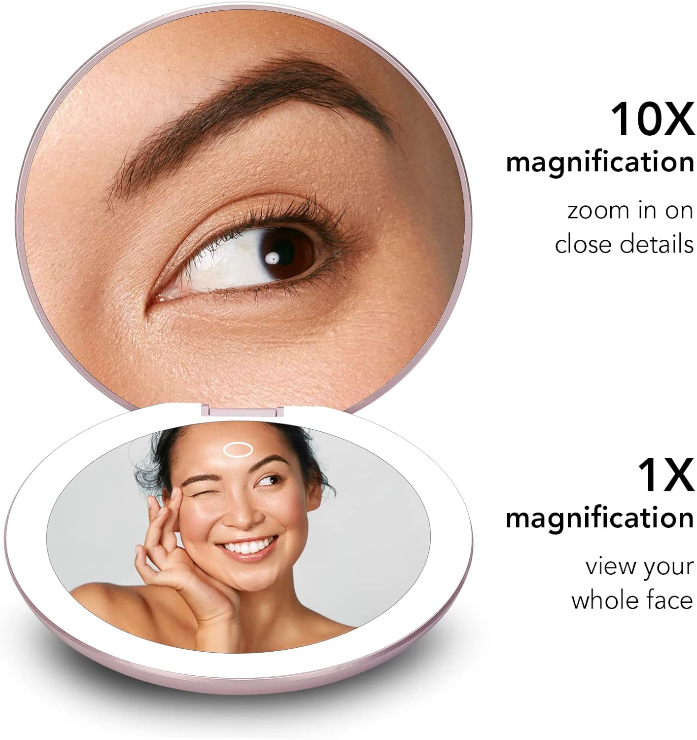 Fancii Taylor LED Lighted Travel Makeup Mirror, Rechargeable with 10x/1x Magnifying & 3 Light Settings - Compact, Portable, Large 5” Wide Hand Mirror for Handbag and Purses (Rose Gold)