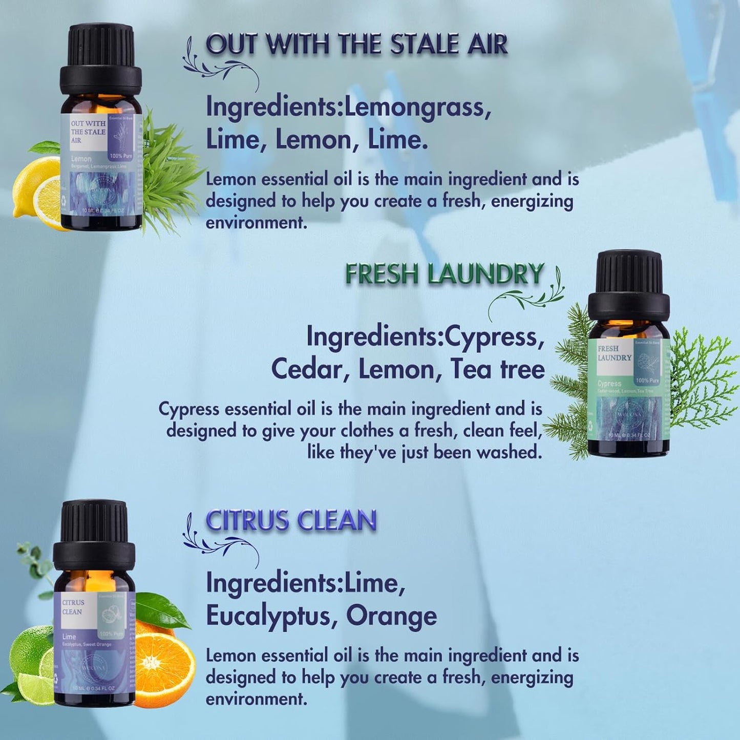 Essential Oils for Laundry - 100% Pure Essential Oils for Diffusers for Home,6x10ml(Clean)- Aromatherapy Oils for Soap,Candle Making,Humidifiers,Dryer Balls