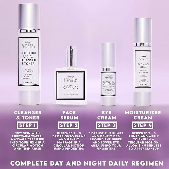 Bakuchol Botanicals Gift Set with Travel Case, Includes Face Serum, Toner & Cleanser All-in-One, Eye Cream, Moisturizer