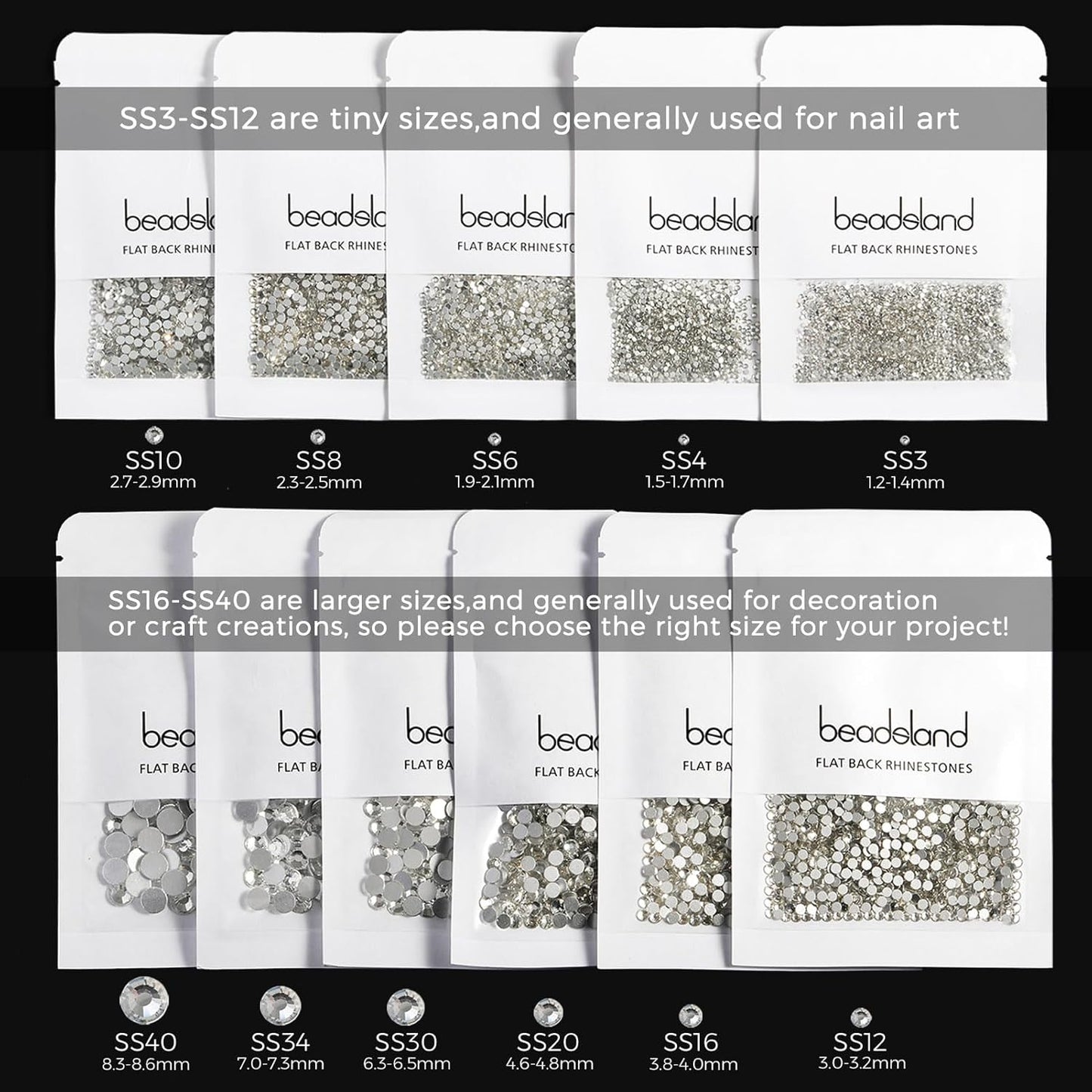 beadsland Flat Back Crystal Rhinestones Round Gems for Nail Art and Craft Glue Fix, Crystal (2.3-2.5mm) SS8/1440pcs