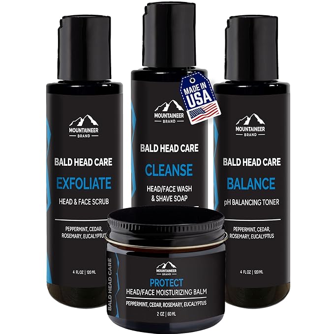 Mountaineer Brand Bald Head Care Gifts For Bald Men | All Natural 4 Step Daily Skin Care for Healthy Scalp & Face | Exfoliate Scrub | Cleanse Wash | Shine Away PH Balance | Protect Moisturizing Balm