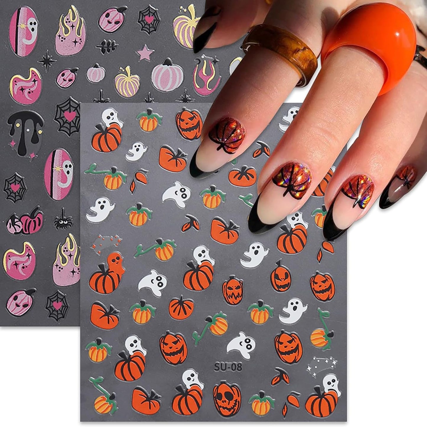 8 Sheets Halloween Nail Art Stickers Cute Ghost Pumpkin 3D Self-Adhesive Nail Decals Spider Web Blood Flame Designs Manicure Art Fall Thanksgiving Nail Supplies for Women DIY Nail Decorations