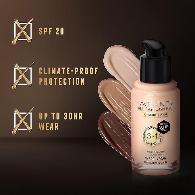 Max Factor Facefinity 3-in-1 All Day Flawless Liquid Foundation, SPF 20-10 Fair Porcelain, 30 ml