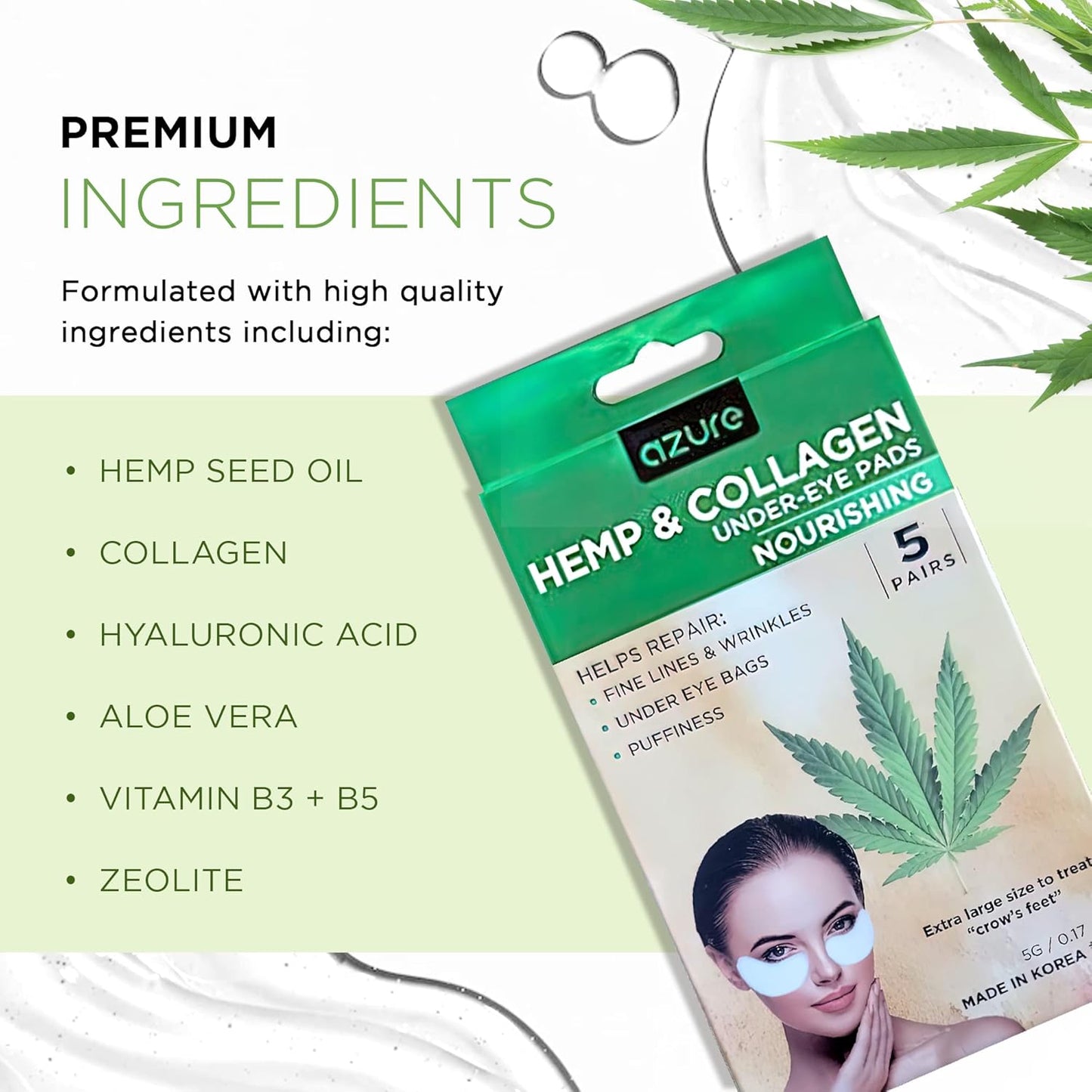 AZURE Hemp & Collagen Nourishing Under Eye Pads - Toning, Hydrating & Anti Aging Eye Mask Patches - Reduces Fine Lines, Wrinkles, Dark Circles & Puffiness - Skin Care Made in Korea - 5 Pairs