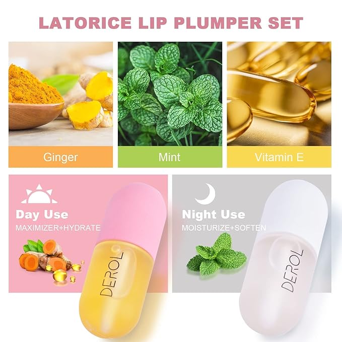 DEROL Lip Plumper Set, Lip Plumper Gloss, Natural Lip Plumper and Lip Care Serum, Lip Enhancer for Fuller, Lip Mask, Beautiful Fuller, Hydrating & Reduce Fine Lines Day&Night, 5.5ml (WS002)