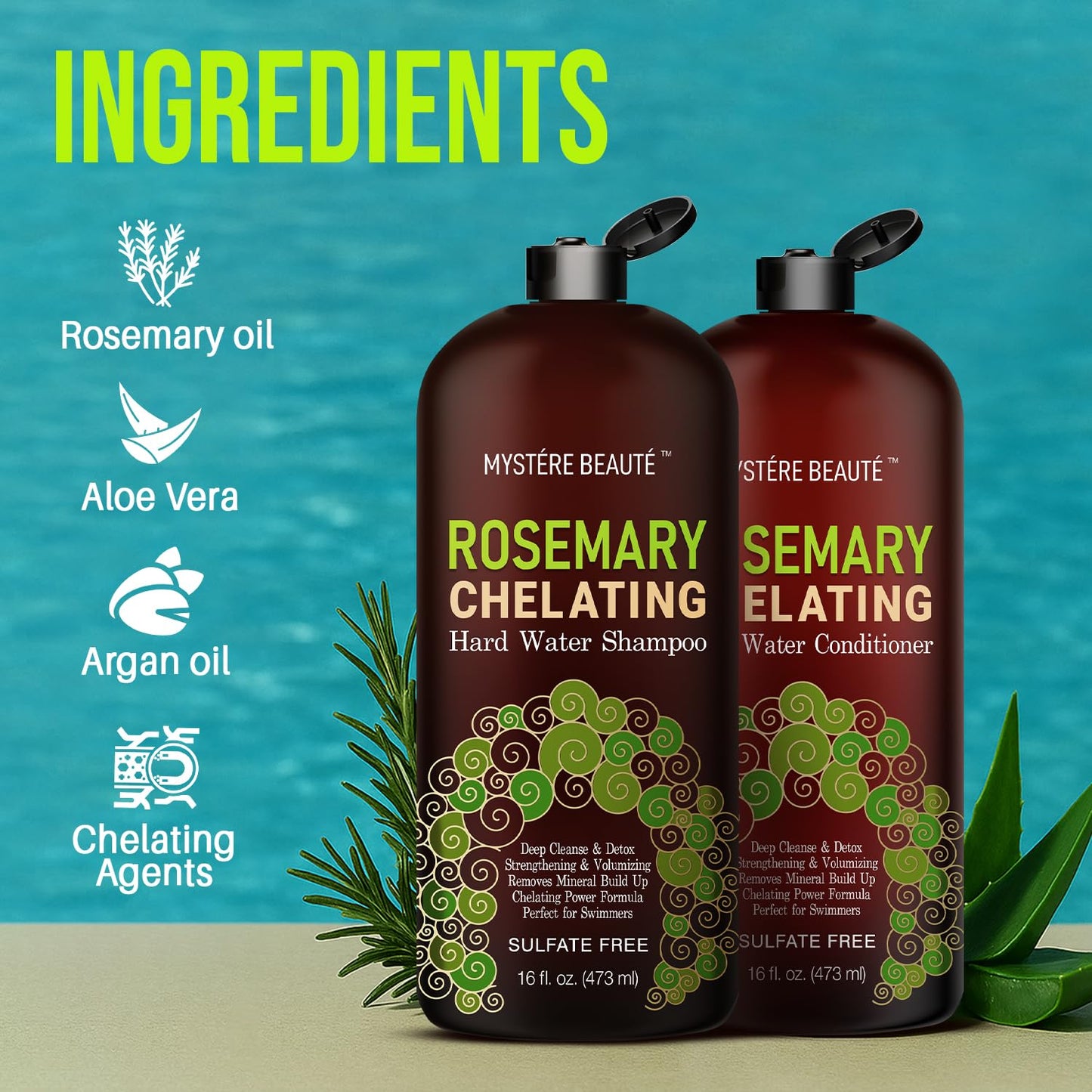 MYSTÈRE BEAUTÉ Rosemary Chelating Shampoo and Conditioner Set – Sulfate Free Hard Water Hair Care with Biotin, Keratin & Tea Tree – Clarifying & Strengthening Duo for Hair Growth – 16 oz Each