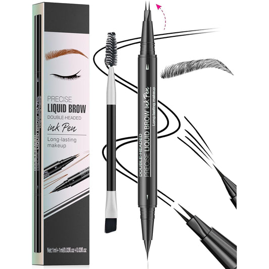 Microblading Eyebrow Pen, Curved Eyebrow Pencil 2-in-1 Dual-Ended Eyebrow Pencil 2-Fork-Tip and Single Tip Creates Natural Eyebrows Waterproof Long-lasting(Black)
