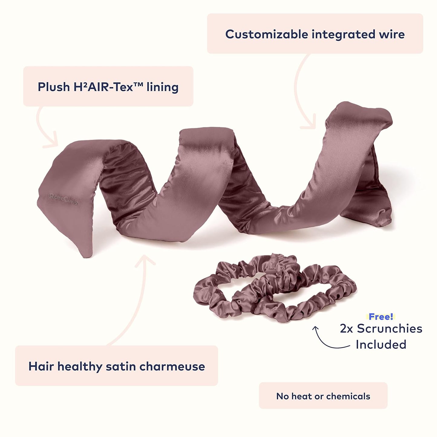 RobeCurls Heatless Hair Curler Set - Satin Curling Headband for Natural, No-Heat Curls - Sleep in Overnight Styling Tool with 2 Scrunchies - Easy & Gentle on Hair (Mauve)