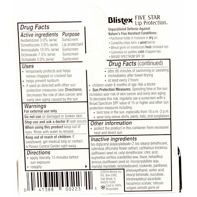 Blistex Five Star Lip Protection SPF 30 0.15 oz Pack of 5