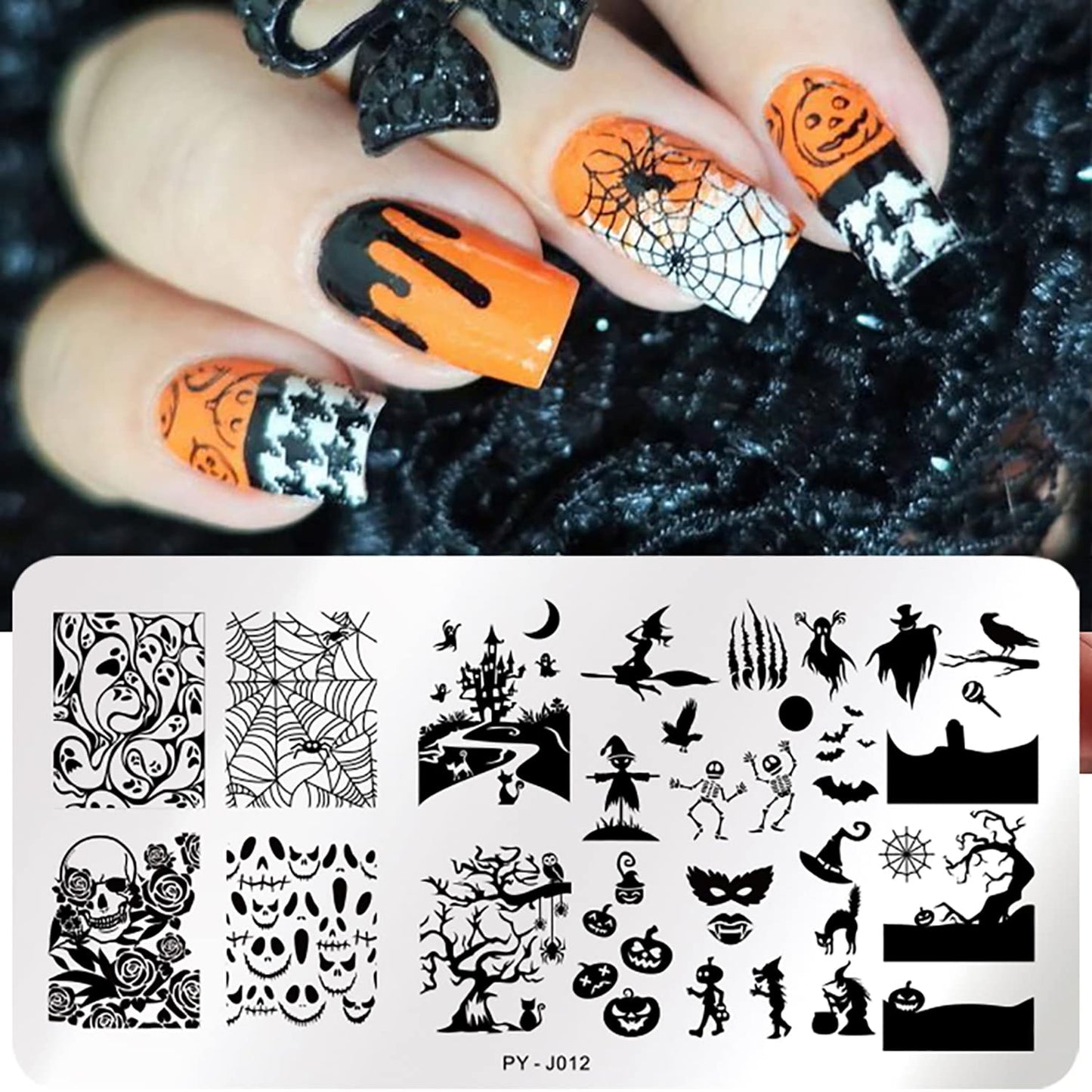 6Pcs Halloween Nail Stamping Plates Fall Maple Leaf Nail Stamper Template Kit Ghost Bat Skull Spider Web Design Nail Decorations Supplies