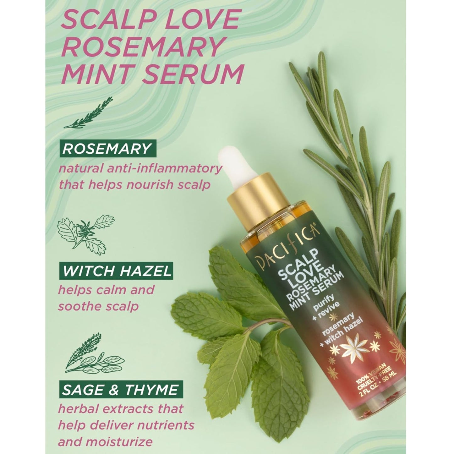 Pacifica Scalp Serum – Rosemary Mint Scalp Love Serum - Scalp Treatment for Dry Itchy Scalp w/Witch Hazel for Scalp Detox & Moisturizing, Vegan & Cruelty-Free, 2 oz
