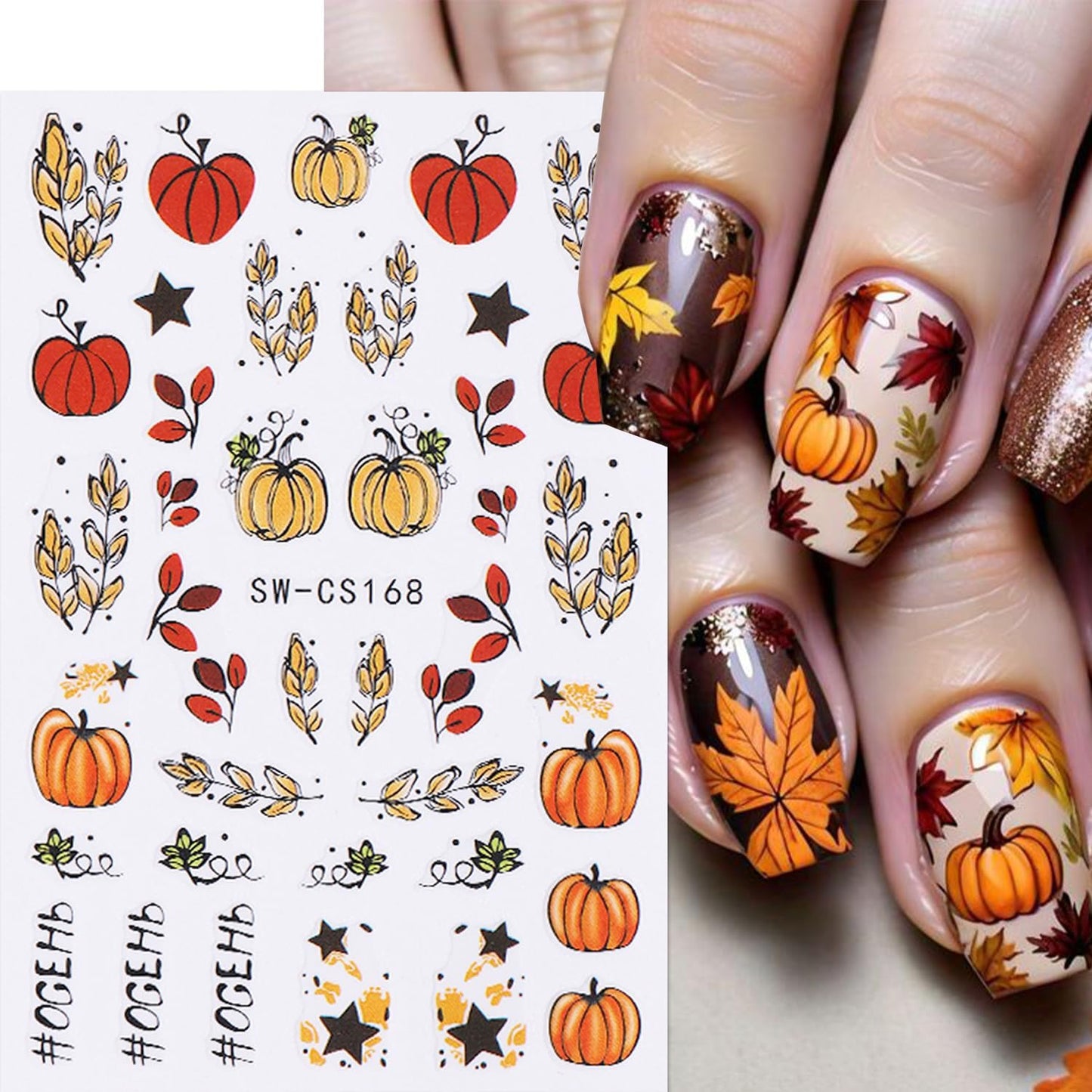 8 Sheets Fall Nail Art Stickers Autumn Maple Leaf Pumpkin Nail Sticker 3D Self-Adhesive Yellow Maple Leaves Nail Decals Designs Thanksgiving Day Holiday DIY Manicure Decoration Sticker for Women
