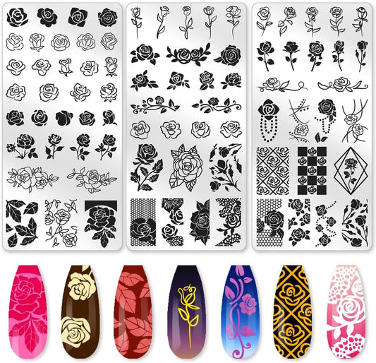 3Pcs Roses Nail Stamping Plate Set Vintage Flower Nail Stamp Templates Elegant Floral Leaf Metal Reusable Tools with Stamper Scraper for Manicure Printing