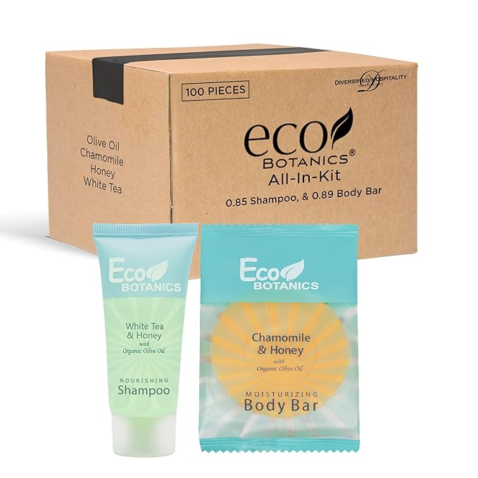 Eco Botanics Hotel Soaps and Toiletries Bulk Set | 1-Shoppe All-In-Kit Amenities for Hotels & Airbnb | 0.85 Conditioning Shampoo & oz Bar Soap Travel Size | 100 pieces
