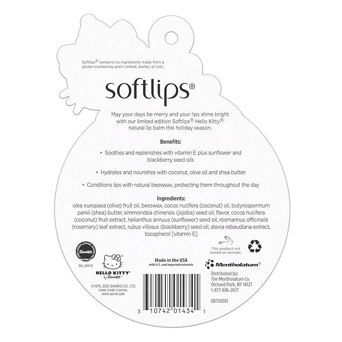 Hello Kitty Limited Edition Softlips Ornament Natural Lip Balm 3-Pack Vanilla Chai, Frosted Cranberry, Sugar Cookie, Holidays 2020