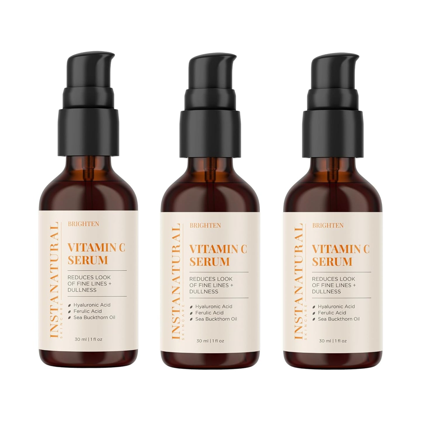 InstaNatural Vitamin C Face Serum with Hyaluronic Acid & Ferulic Acid | Brightening & Hydrating Formula for Radiant, Smooth-Looking Skin – 1 FL Oz - 3 Pack