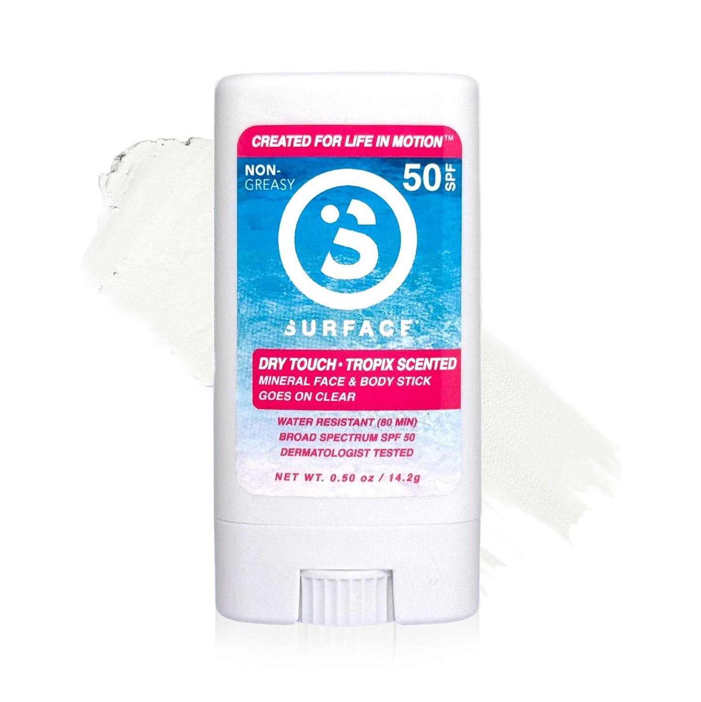 Surface Mineral Face Sunscreen Stick, Dry Touch SPF 50, Broad Spectrum UVA UVB Sun Protection for Kids and Adults, Travel Friendly, Water Resistant for 80 Minutes, Tropical Scent, 0.5oz