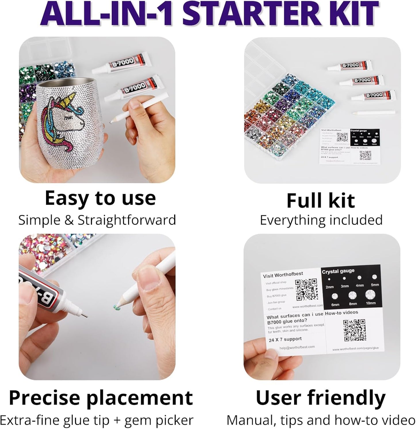 30000Pcs Resin Rhinestones for Crafting Bedazzling, Purple Flatback Gems Crystal for Crafts Clothing Clothes Shoes Fabric Tumbler Tshirt, Flat Back Jewels Bulk Multisized with b7000 Glue