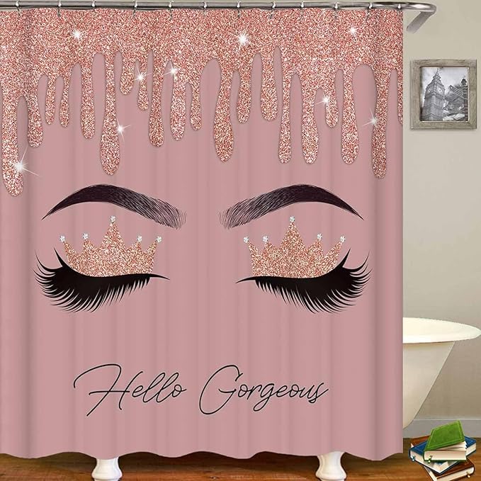 4PCS Hello Gorgeous Shower Curtain Set, Rose Gold Glitter Drip Bling Glam Diamond Crown Princess Unicorn Eyelash Girls Pink Bathroom Decor, Waterproof Fabric Shower Curtain Bath Mat Toilet Rug