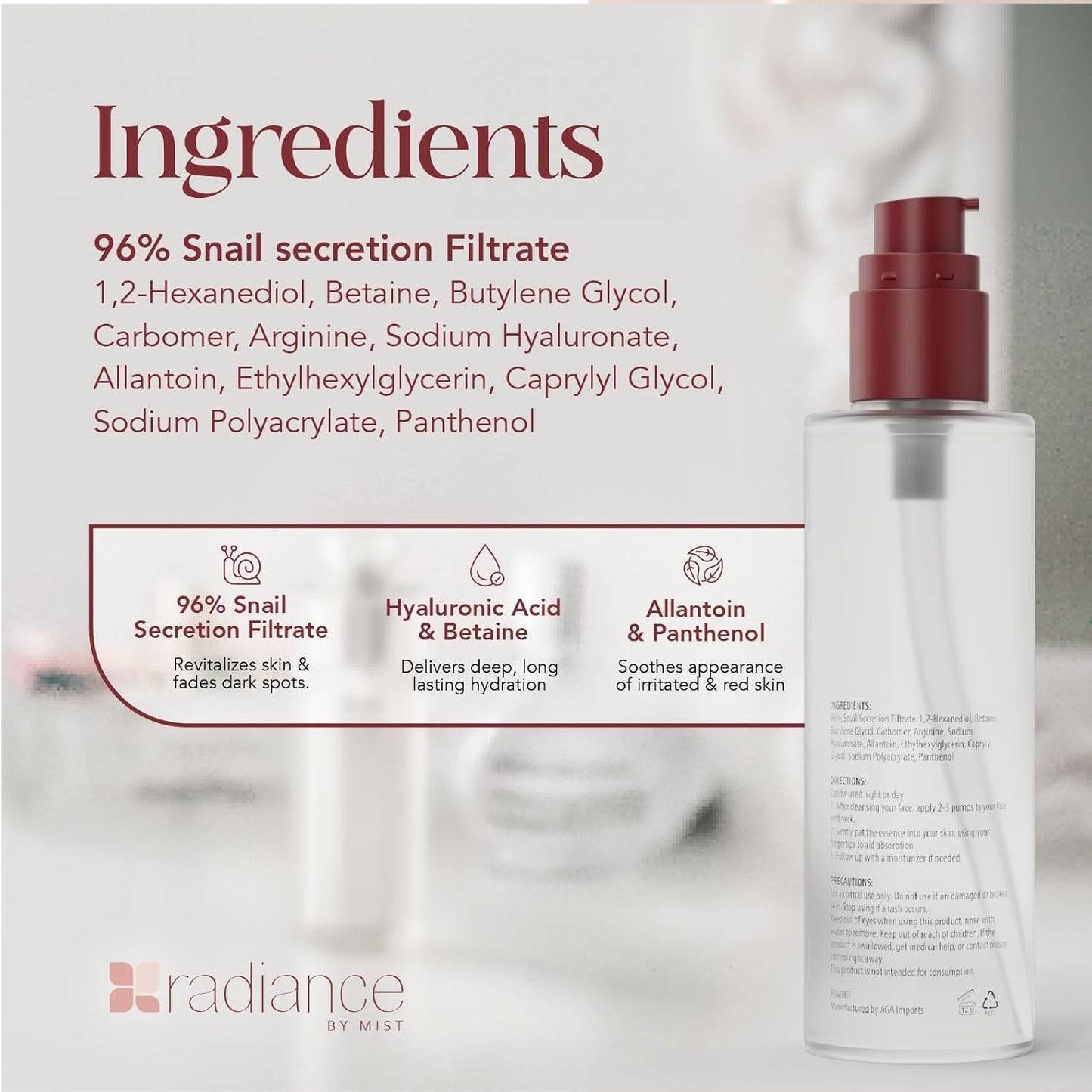 Radiance Snail Mucin Serum with Advanced Snail 96% Mucin Power Essence, Korean Skin Care with Hydrating Hyalauronic Acid Korean Serum, 3.38 fl oz, 100ml