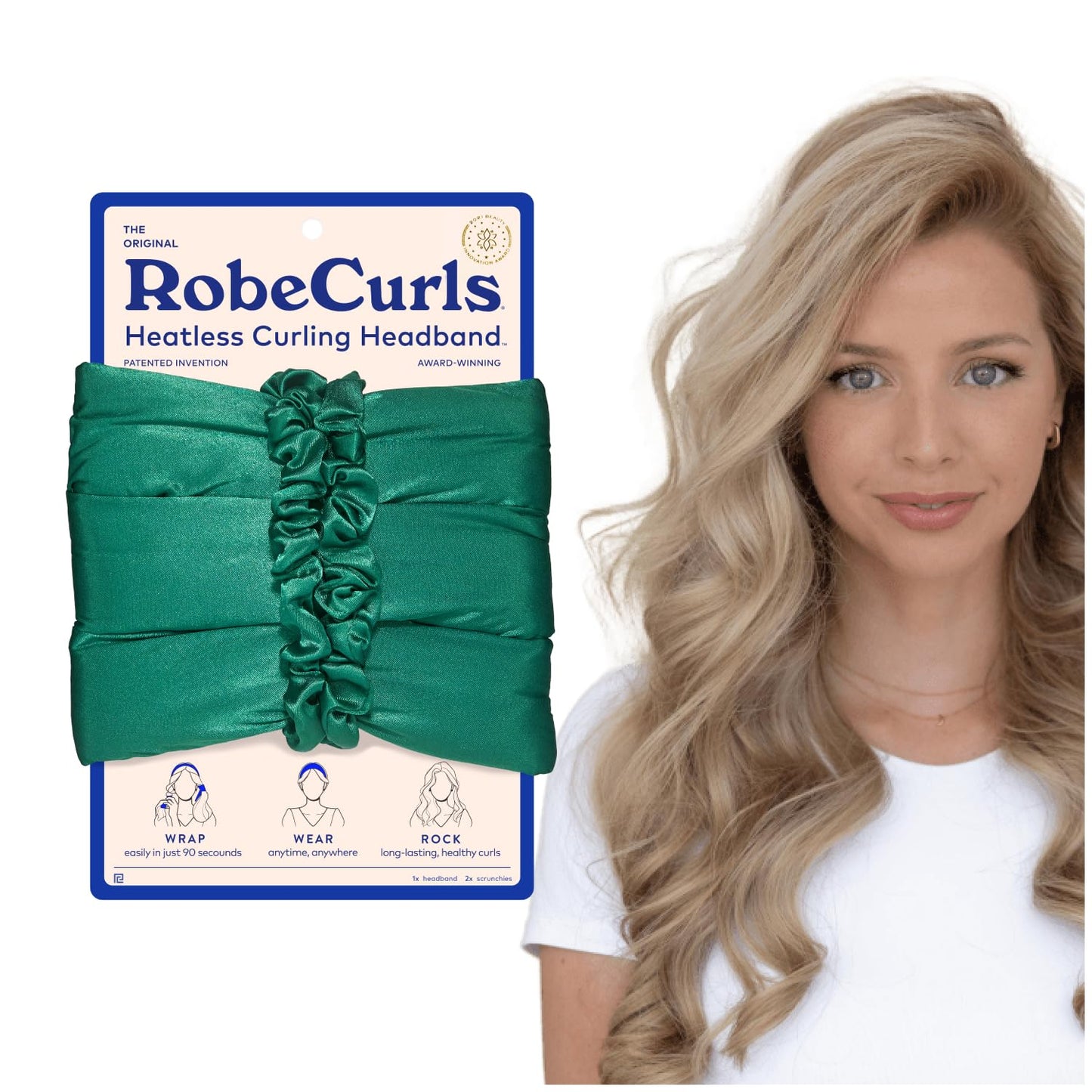 RobeCurls Heatless Hair Curler Set - Satin Curling Headband for Natural, No-Heat Curls - Sleep in Overnight Styling Tool with 2 Scrunchies - Easy & Gentle on Hair (Jade)