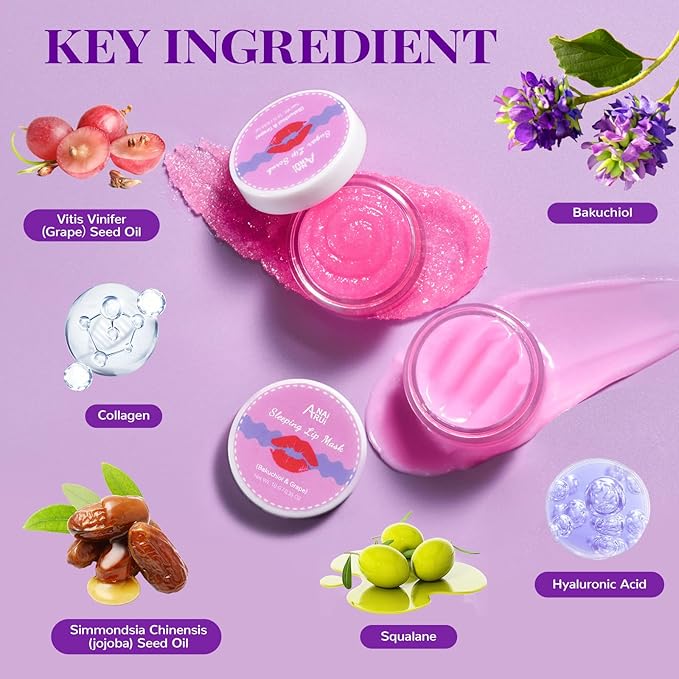 ANAI RUI Lip Therapy Set, Lip Scrub & Lip Mask, Overnight Hydrating Lip Moisturizer with Lip Exfoliator Scrub and Lip Sleeping Mask for Lip Plumping, Lip Gift Kit for Dry, Chapped, Dark Lips, Grape