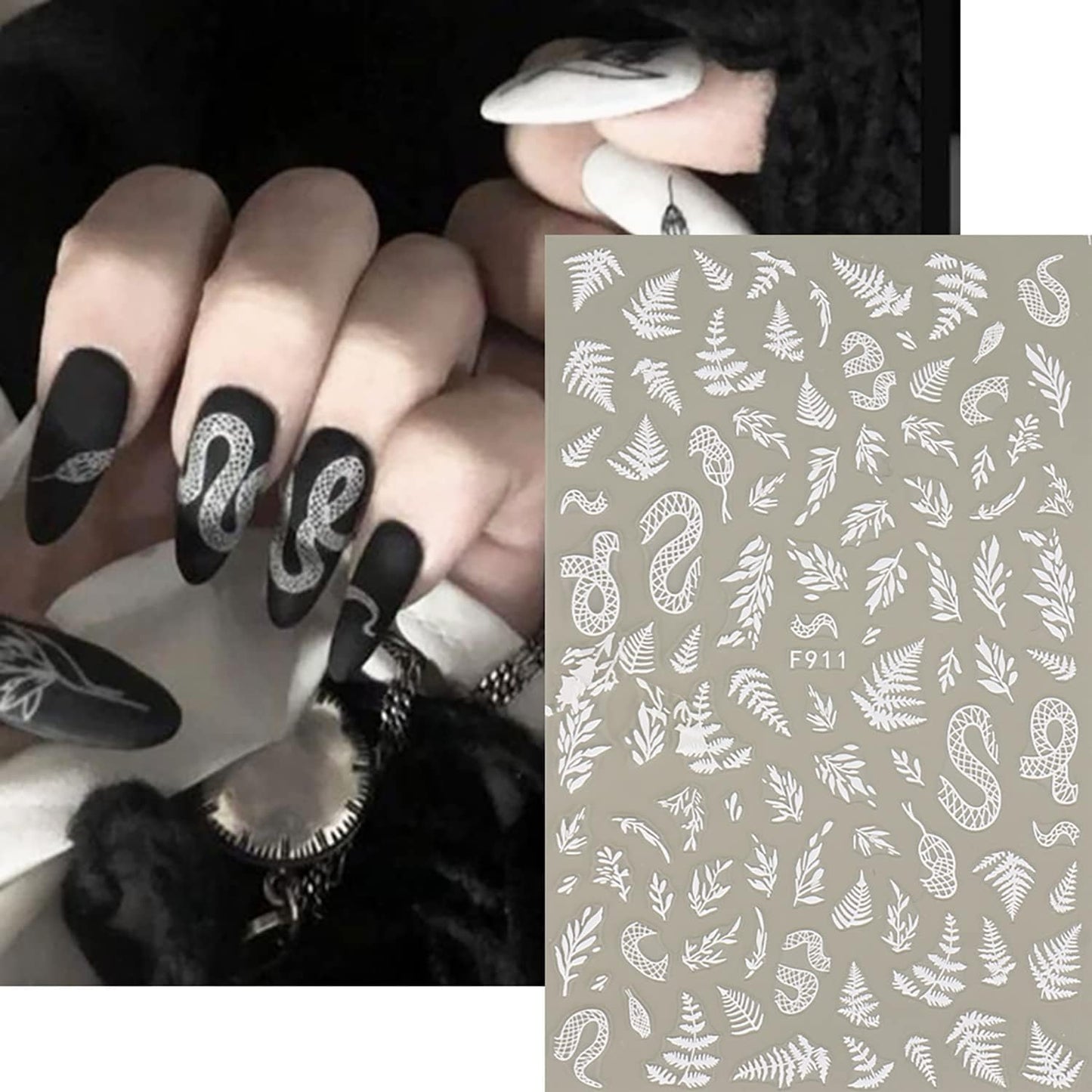 7 Sheets White Nail Art Stickers Butterfly Snake 3D Self-Adhesive Nail Decals Summer Stars Sun Line Designs Nail Decorations Moon Leaf Rose Nail Accessories for Women Girls DIY Manicure Supplies