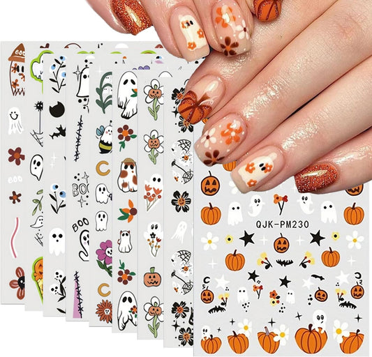 Halloween 9 Sheets Cute Nail Stickers Decals for Art - Ghost, Brown Flower, Pumpkin - Fall Self-Adhesive 3D DIY Supplies for Women, Girls & Kids