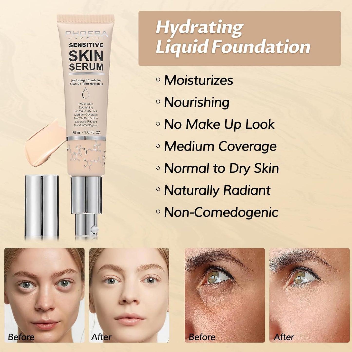 Phoera Foundation Makeup,Flawless Soft Matte Full Coverage with Matte Finish,Hydrating Serum Foundation,Face Makeup for Normal and Dry Skin(N02 Nude, 1PC)