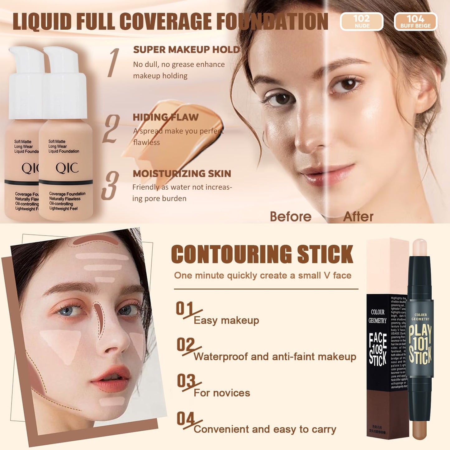 All in One Makeup Kit for Women,Includes Naked Eyeshadow,Liquid Foundation,Lipstick Set,Mascara,Makeup Brush,Makeup Sponge,Eyebrow Powder,Eyebrow Soap,Eyeliner Stamp,Primer,Contour Stick,Makeup Bag