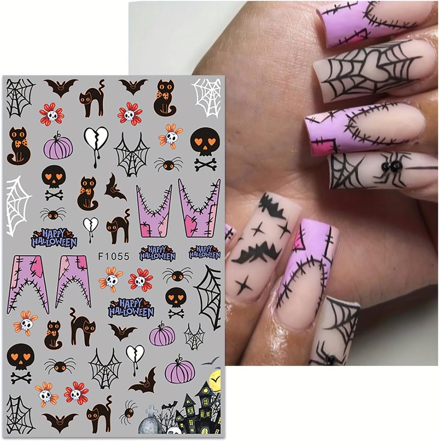 Halloween Nail Art Stickers 5 Sheets Cute Ghost Pumpkin 3D Self-Adhesive Nail Decals Spider Web Blood Flame Designs Manicure Art Fall Thanksgiving Nail Supplies for Women DIY Nail Decorations