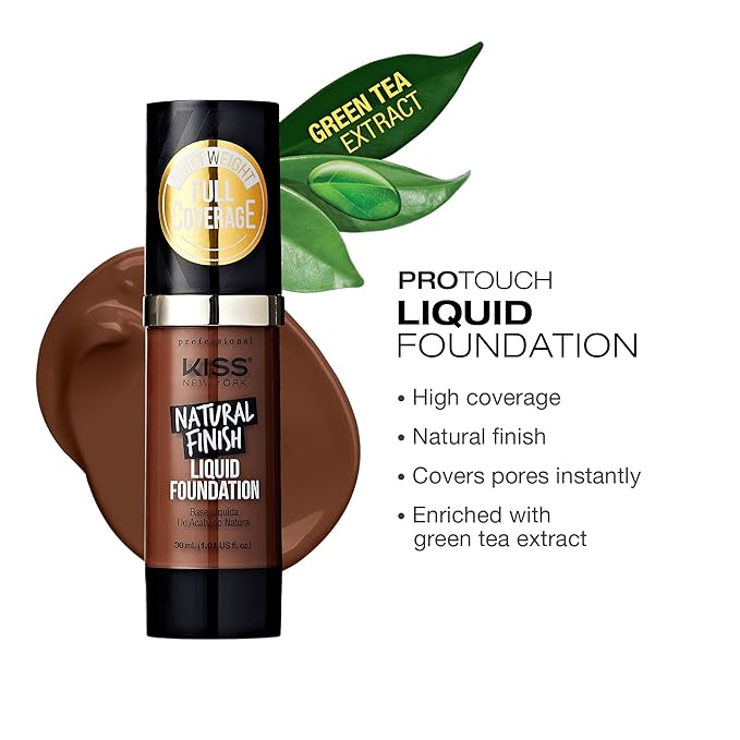 Kiss New York Professional Liquid Foundation - Lightweight and Hydrating Formula, Natural Finish, Control Shine, Cover Pores, Medium to Full Coverage, Green Tea Extract (Rich Mahogany)