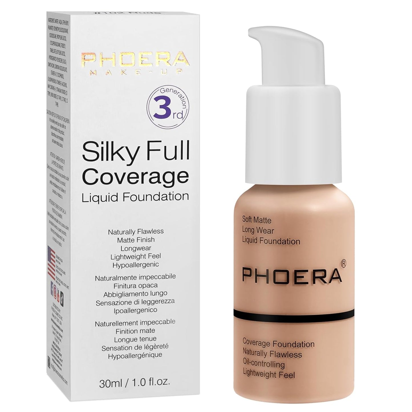PHOERA Foundation, PHOERA Matte Liquid Foundation,PHOERA Makeup for Women, PHOERA Foundation Full Coverage Concealer, 30ml 24HR Matte Oil Control Concealer (103- Warm peach)