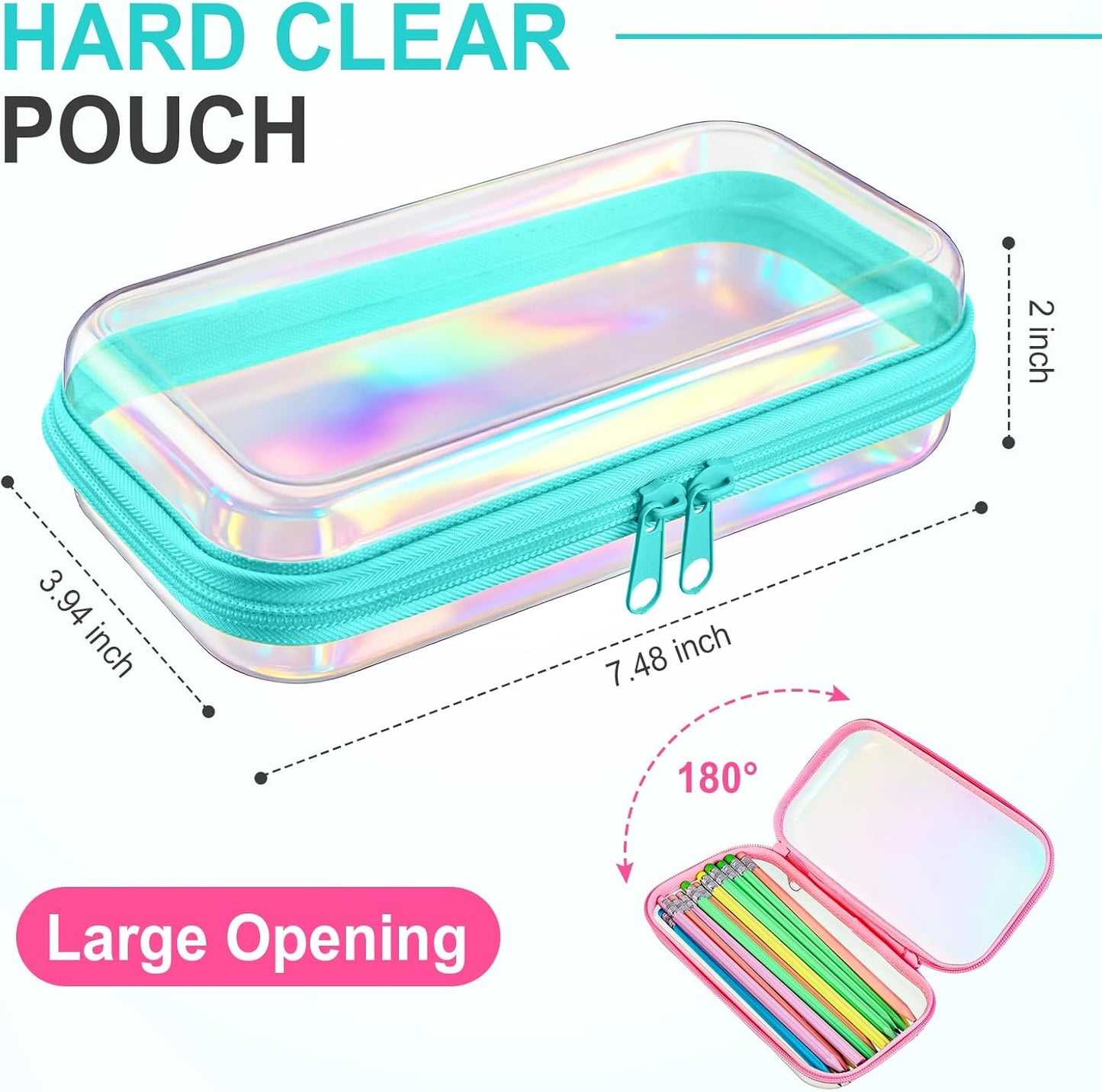 Sanwuta 6 Pcs Clear Hard Zipper Case Pencil Pouches Hard Plastic Zipper Pouches Makeup Bag Transparent Cases for Snacks Plastic Storage Organizer Box for Travel(Holographic,7.48 x 3.94 x 2 Inch)